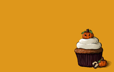 Horizontal halloween background, pumpkin and bat for October 31. 2D digital illustration. dessert