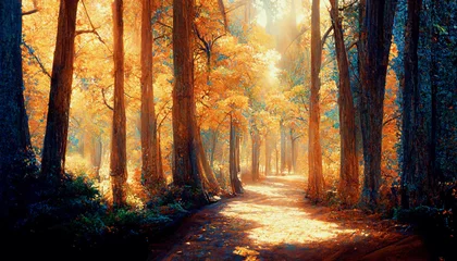 Fotobehang Spectacular autumn countryside with a road path through a dense forest and bright golden sunlight. Forest in shades of orange and teal in the fall. Digital art 3D illustration. © Summit Art Creations
