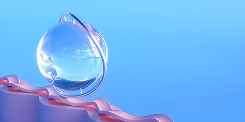 3D illustration. Shiny crystal ball on a wavy line.