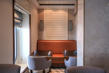 Art Deco interior design style furniture, carpets and paneling onboard classic ocean liner...