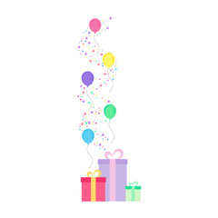 Happy birthday party, birthday party, colorful gift box full of glittering light and many colorful balloons, party background, fireworks,Exploding party popper with confetti,vector illustration icons.