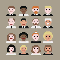 Vector avatars set, business people. 8 BIT retro gaming style, group, team, people, males and females