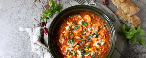 casserole with shrimps in tomato sauce with feta cheese on a light table