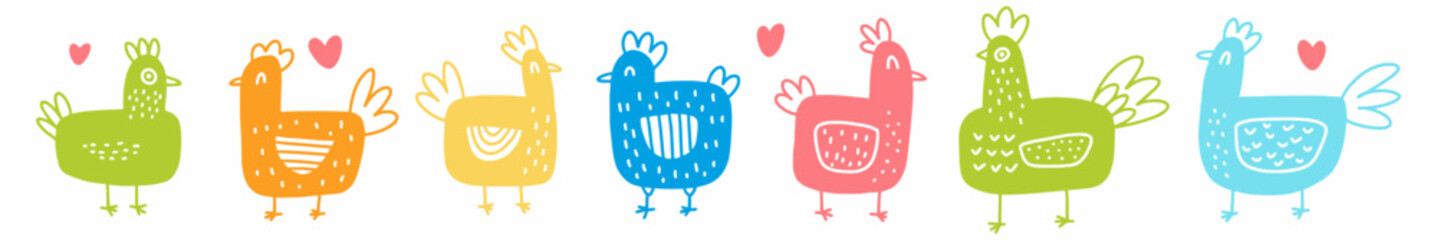 A hand-drawn set of cute chickens. Vector illustration of farm birds drawn in the style of doodles.