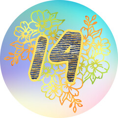 butterfly and flowers. Icon, holiday ball, circle. Wedding, birthday sticker, topper, card. 14 number, advent. Valentines day.