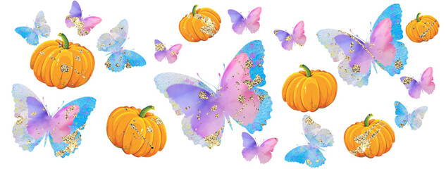 Halloween, Holiday, Autumn template. Pumpkins, butterflies, flowers, watercolour design, golden splashes.Wedding, birthday, nature, botanical  template.