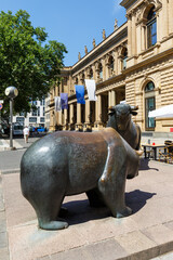 Bull and Bear at Frankfurt Stock Exchange portrait format in Germany