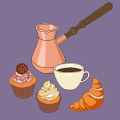 Coffee breakfast gezva  cup croissant cake color