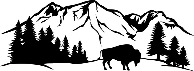 American bison and mountain landscape png illustration © tribalium81