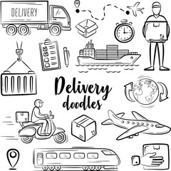 Logistic shipping freight service supply icons. Hand drawn doodle icons set isolated vector illustration on white background © yura batiushyn