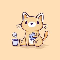 Cute cat reading a book with a cup of hot tea