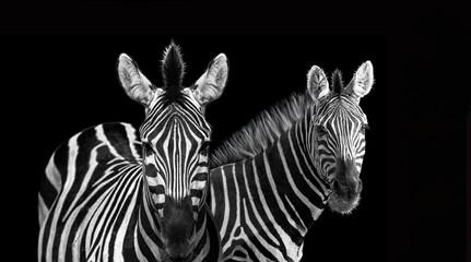 Fototapeta na wymiar Black and white portrait two zebras standing close together isolated on black background. Close up of the heads. A family of zebras stand side by side. Common Zebra (Equus Burchellii) in nice poses
