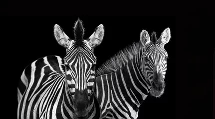 Poster Black and white portrait two zebras standing close together isolated on black background. Close up of the heads. A family of zebras stand side by side. Common Zebra (Equus Burchellii) in nice poses © Sabrina Umansky