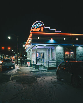 Broadway Lights Diner & Cafe vintage sign at night, Kingston, New York