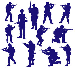 Fototapeta na wymiar Set of silhouettes of military soldiers with weapons