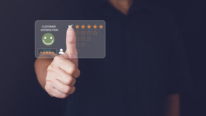 Customer or client service feedback and satisfaction rating concept. Man give thumbs up with five stars and smiley face for excellent survey result or rating to client who has good ranking on business