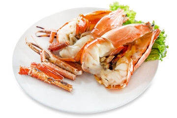 Top view of Prawns, Grilled river shrimp or Thai shrimp and lettuce, focus selective.