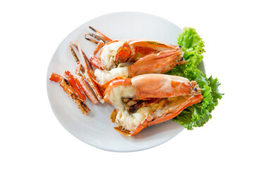 Top view of Prawns, Grilled river shrimp or Thai shrimp and lettuce, focus selective.