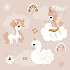 Fairy tale characters unicorn swan fairy