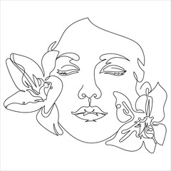 Line art vector illustration with beautiful woman with flowers