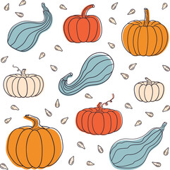 Set of colored pumpkins and seeds. Doodle style pumpkins. Autumn illustration. Vector image.