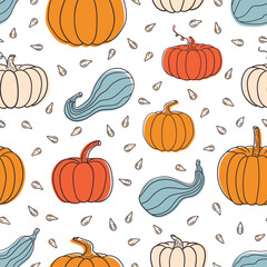 Seamless pattern with pumpkins and seeds. Doodle-style pumpkins. Autumn illustration. Vector image.