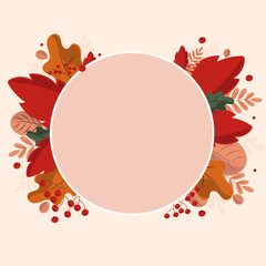 autumn poster with leaves in warm colors with a round frame