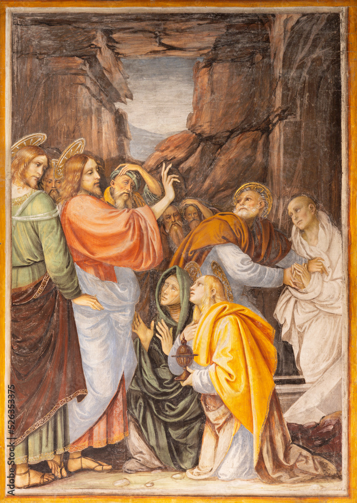 Wall mural VARALLO, ITALY - JULY 17, 2022: The renaissance fresco of Resurrection of Lazarus in the church Chiesa Santa Maria delle Grazie  by Gaudenzio Ferrari (1513).