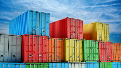 Stack of colored container boxes, Cargo ship for import and export
