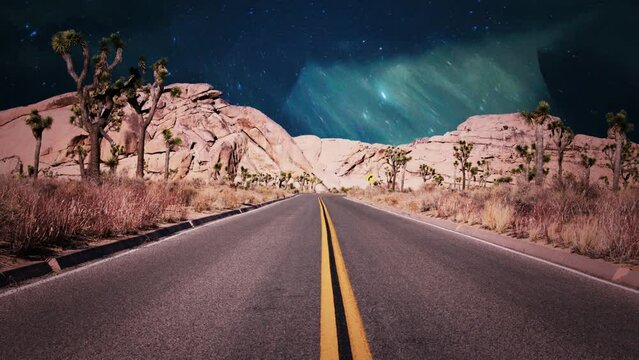 Cinemagraph of desert road in the night with starry sky
