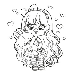 Cute cartoon long haired girl with big bunny in hands outlined for coloring page on a white background