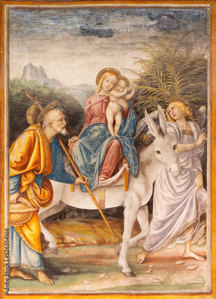 Sticker varallo, italy - july 17, 2022: the renaissance fresco of flight to egypt in the church chiesa santa