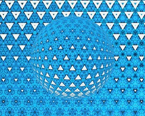 3D mosaic over a sphere in turquoise blue and white similar triangle shaped tiles