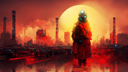 The masked man looked at the city scorched by the sun's rays. Digital art style, Illustration