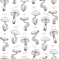 Vector vintage seamless pattern with hand drawn orange leaves and black mushrooms on white background for autumn, thanksgiving, harvest, menu, card, poster.