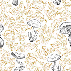 Vector vintage seamless pattern with hand drawn gold leaves and black mushrooms on white background for autumn, thanksgiving, harvest, menu, card, poster.