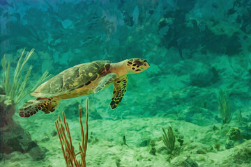 Digitally created watercolor painting of green turtle cruising in the waters of Little Cayman