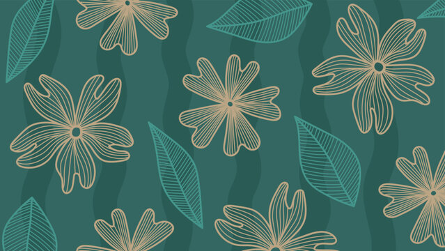 Background with flowers and leaves in dark green colors. Floral vector illustration in cartoon style. © Anna