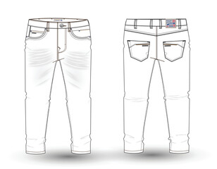 Denim Pant flat sketch design. Denim long pant Technical Fashion Illustration. Denim pant technical sketch for tech pack design and mockup 