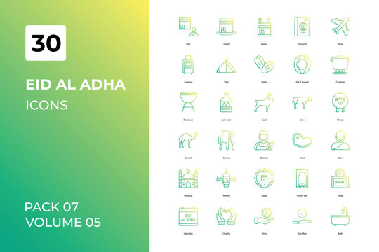 Eid Al Adha icons collection. Set contains such Icons as adha, alquran, cow, eid, more 