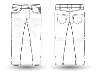Denim Pant flat sketch design. Denim long pant Technical Fashion Illustration. Denim pant technical sketch for tech pack design and mockup 