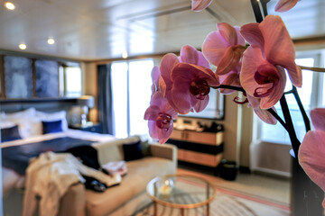 Luxurious ocean view or oceanview or outside or exterior balcony veranda cabin suite on luxury...