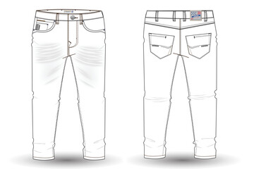 Denim Pant flat sketch design. Denim long pant Technical Fashion Illustration. Denim pant technical sketch for tech pack design and mockup 
