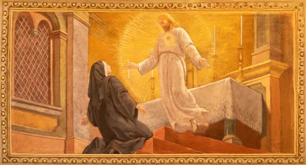Fototapeten VARALLO, ITALY - JULY 17, 2022: The fresco Apparition of  Divine Mercy of Jesus in the church  Chiesa di sant Antonio by C. Secchi from 20. cent. © Renáta Sedmáková