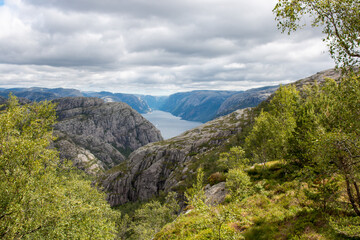 Rock Formations and Lysefjord landscape at Prekestolen (Preikestolen) in Rogaland in Norway (Norwegen, Norge or Noreg)
