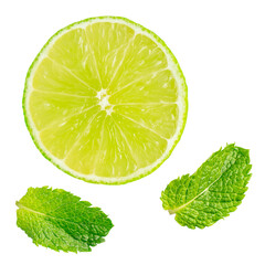 Top view of cross section of refreshing sour juicy lime slice and two fresh aromatic green mint leaves isolated on white background used as ingredient in mojito cocktail and lemonade healthy drink