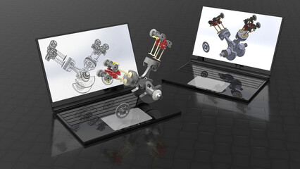 3D rendering - design an engine on a laptop concept