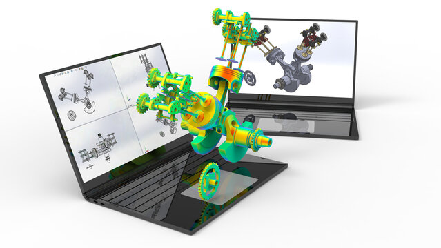 3D render - finite element analysis of an engine overlapped a laptop