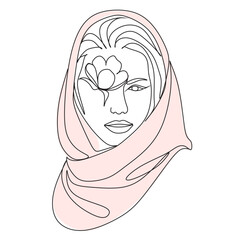 Trendy Hijab Girl One Line Drawing, Single Line, One line art, Scarf PNG . Vector .