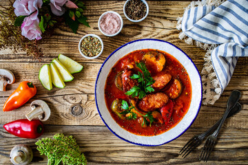 Delicious letcho - vegetables with sausages on wooden table
